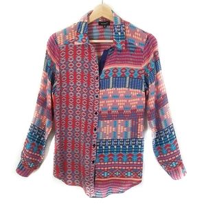 Tolani Red Boho Western Silk Buttondown Shirt Relaxed Fit Blouse Top XS Festival